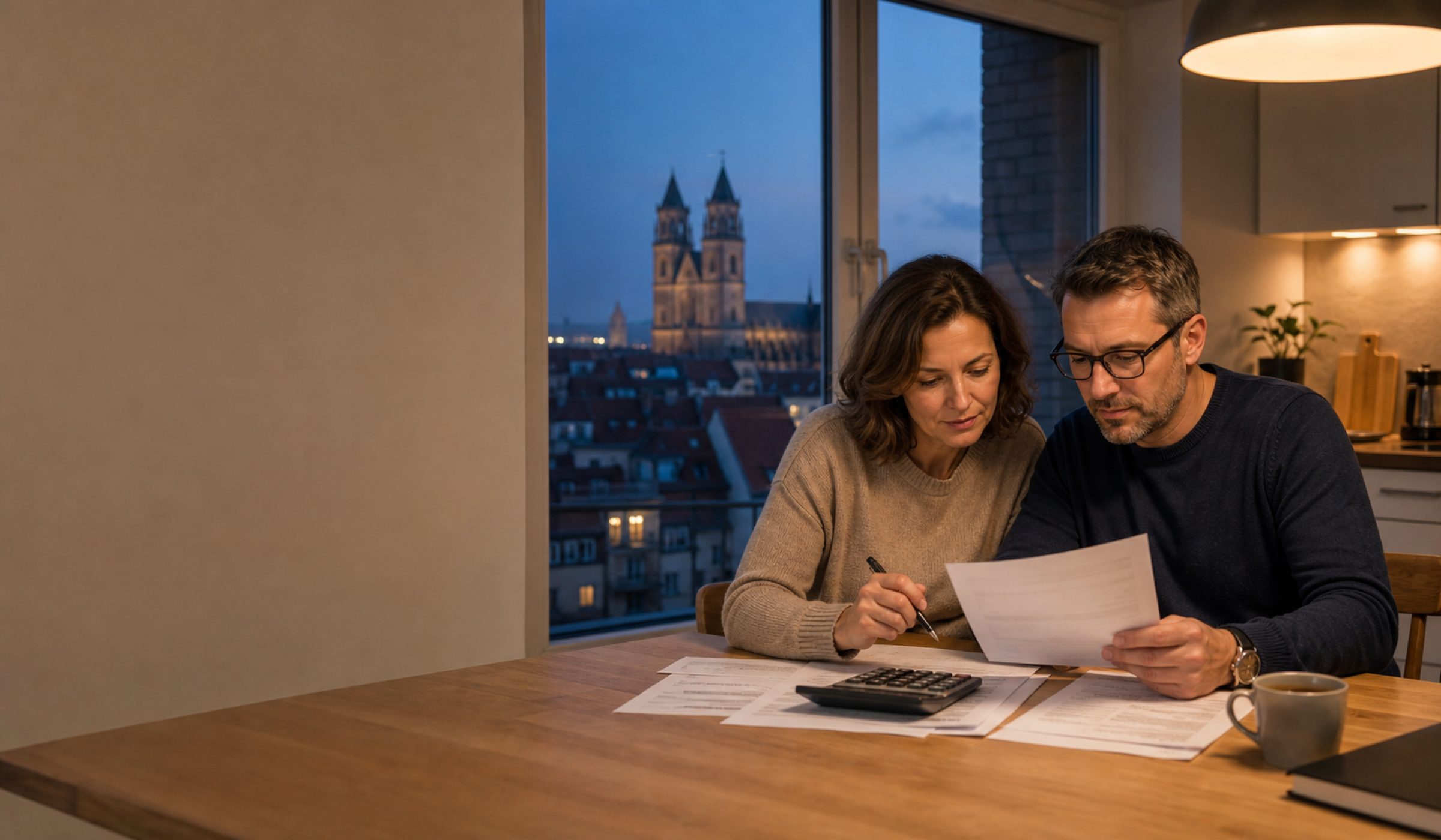 Paar Mitte 40 prüft abends am Küchentisch seine Rentenunterlagen, im Fenster der Magdeburger Dom