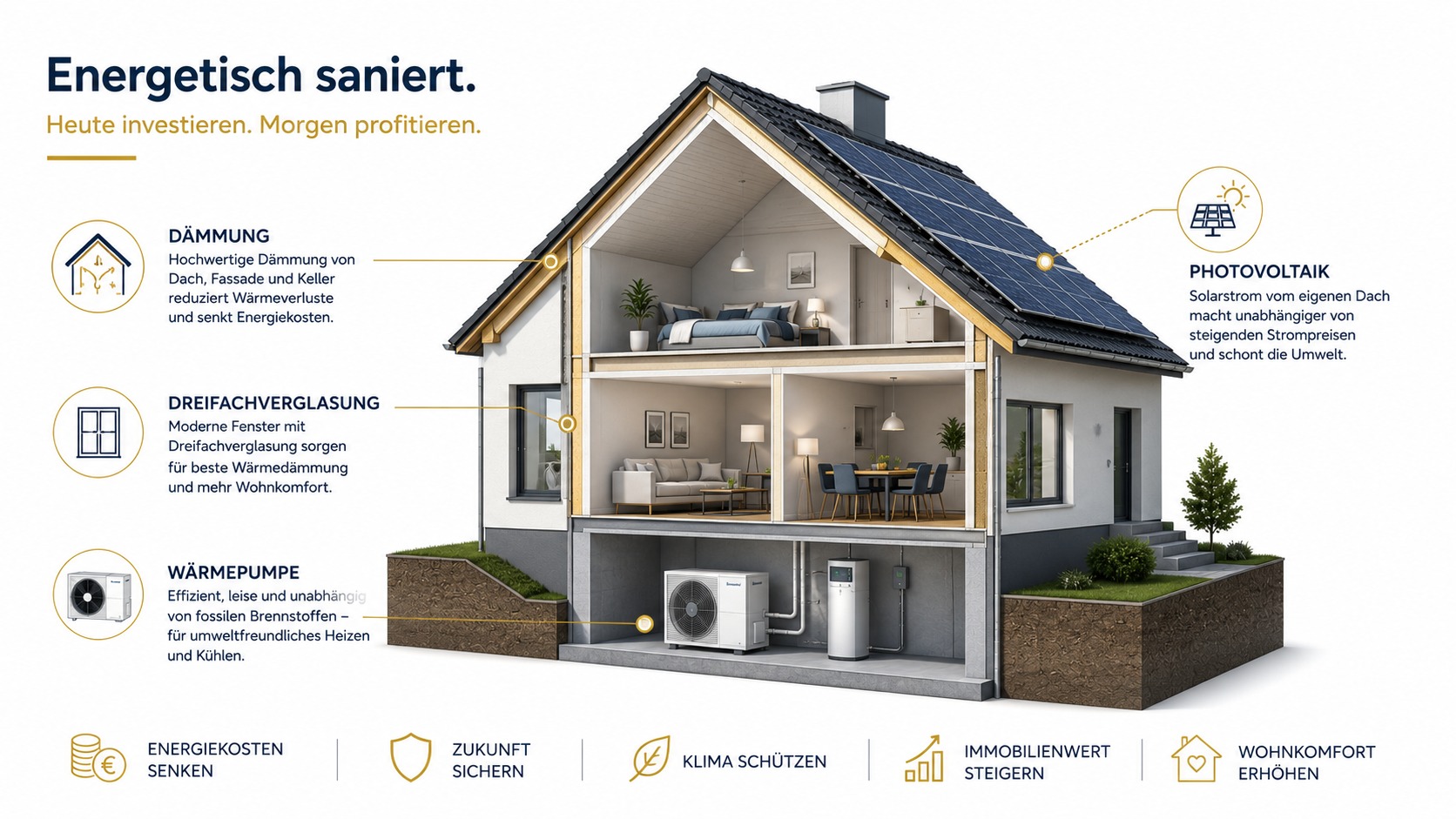 Querschnitt eines energetisch sanierten Hauses mit Dämmung, Dreifachverglasung, Wärmepumpe und Photovoltaik