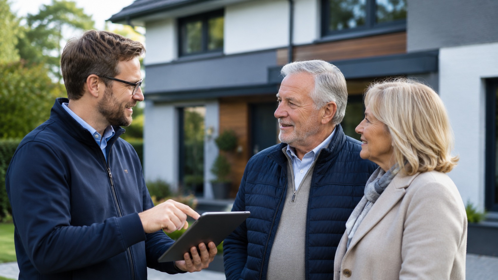 Energieberater von InterInvest berät ein Eigentümer-Ehepaar vor ihrem Haus zur energetischen Sanierung
