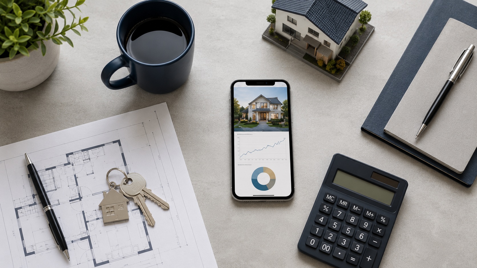 Grundriss, Hausschlüssel, Taschenrechner und Smartphone mit Bewertungs-App auf einem Schreibtisch – Symbolbild für die Immobilienbewertung