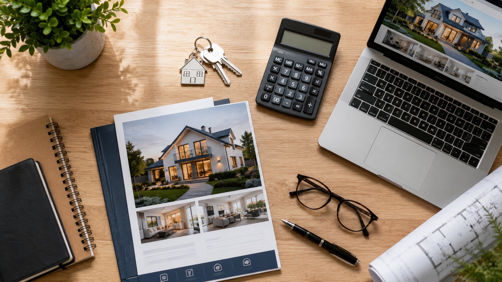 Exposé, Hausschlüssel, Taschenrechner, Grundriss und Laptop auf einem Schreibtisch – Symbolbild für den privaten Immobilienverkauf
