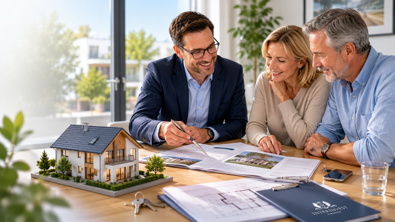 Immobilienberater von InterInvest erklärt einem Eigentümer-Ehepaar auf dem Tablet die wichtigsten Immobilien-Begriffe vor ihrem Haus