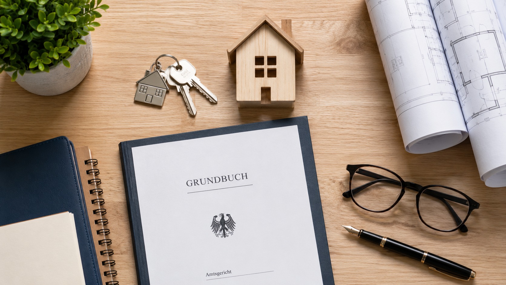 Grundbuch, Hausschlüssel, Hausmodell und Baupläne auf einem Schreibtisch – Symbolbild für die wichtigsten Immobilien-Unterlagen