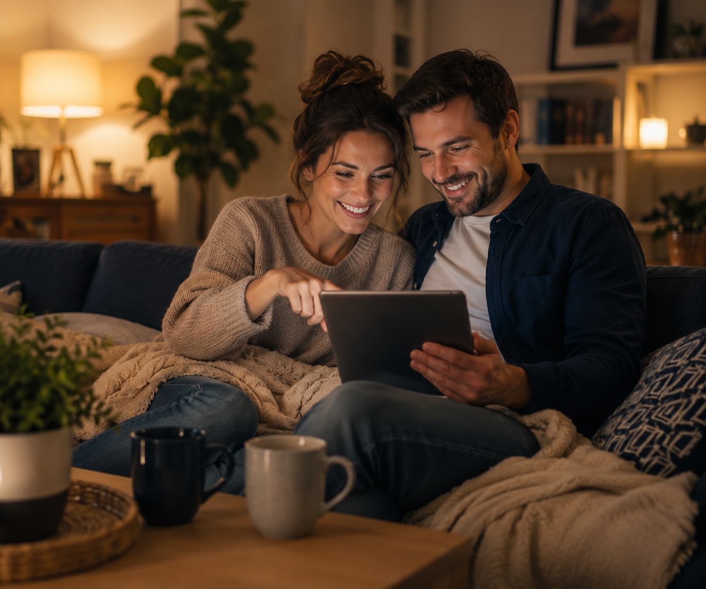 Junges Paar sitzt abends gemeinsam auf dem Sofa und sucht auf einem Tablet nach seinem Wohntraum