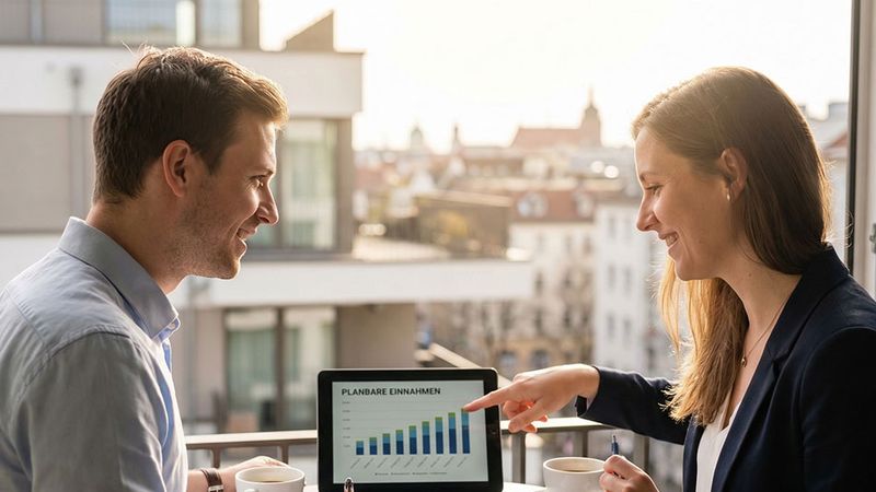 Zwei Personen besprechen die Mieteinnahmen anhand einer Auswertung