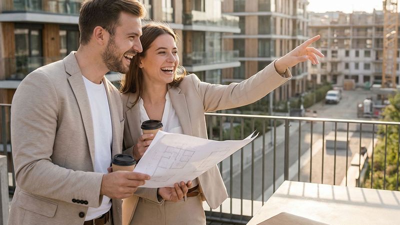 Paar auf dem Balkon blickt über ein Wohnquartier
