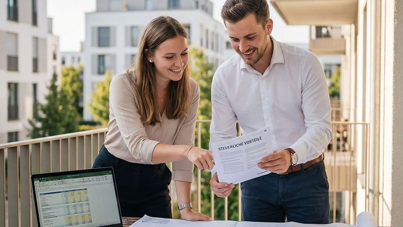 Beratungsgespräch mit Bauplänen und Laptop auf einer Dachterrasse