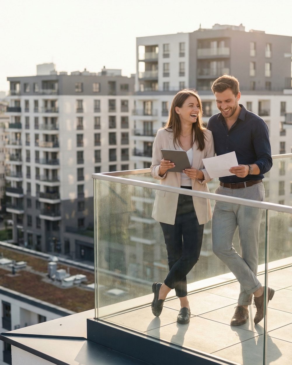 Paar mit Unterlagen auf dem Balkon einer neu gebauten Eigentumswohnung